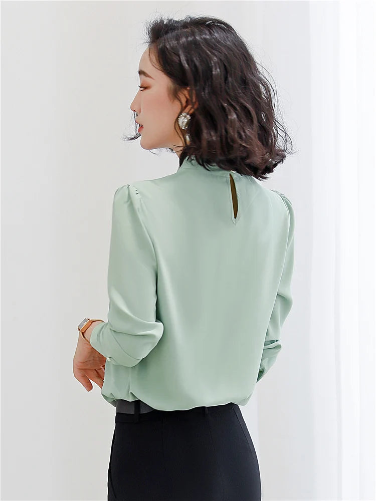 Dushicolorful Blouse Women's Clothing Long Sleeve White  Mint Green Chiffon Blouse OL Ladies Work Wear Shirt Formal Tops