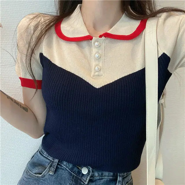 Woman TShirts 2020 Summer Knitted Short Top Lapel Short Sleeve T-shirt Women's Clothing Crop Top Mujer Camisetas