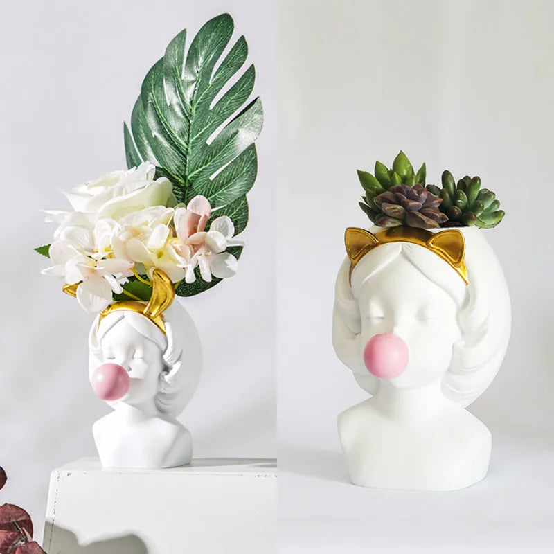 White Resin Vase Flower Pot Nordic Style Cute Human Head Flower Vases Basket Pen Brushes Holder Home Decoration