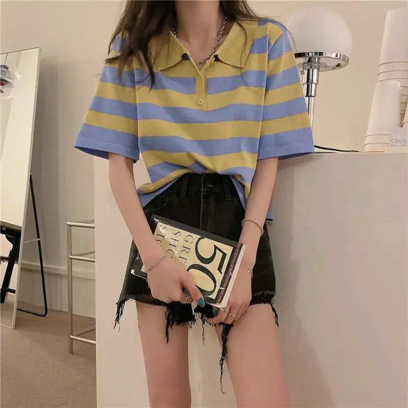 Women's Clothing Summer 2023 Polo Striped Short Sleeve T-shirts Crop Top Female Casual Tee Shirt Ladies Vintage Korean Fashion