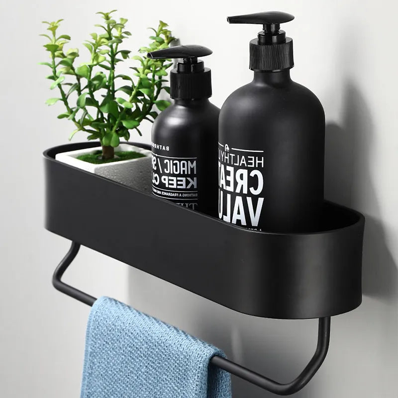 Black Bathroom Shelf No Drill 30/40/50 cm Wall Shelves Shower Basket Storage Rack Towel Bar Bathroom Accessories