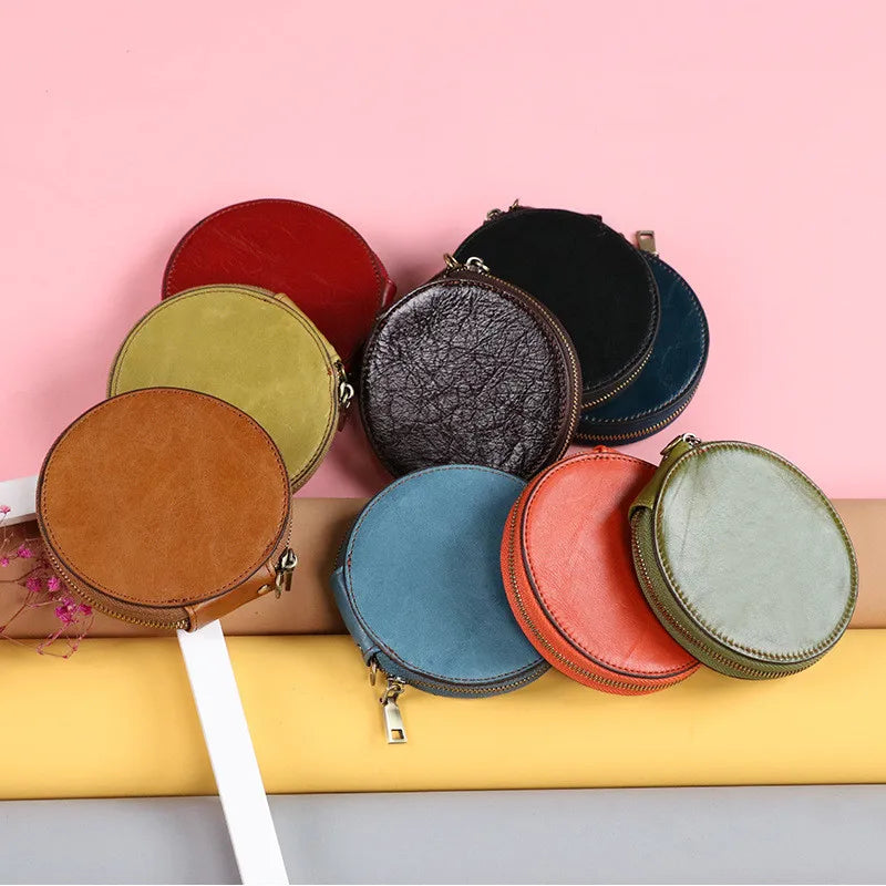 Retro Round Genuine Leather Coin Wallet Pouch Small Mini Women's Zipper Purses Wristlet Clutch Bag Children Key Holders Handbags