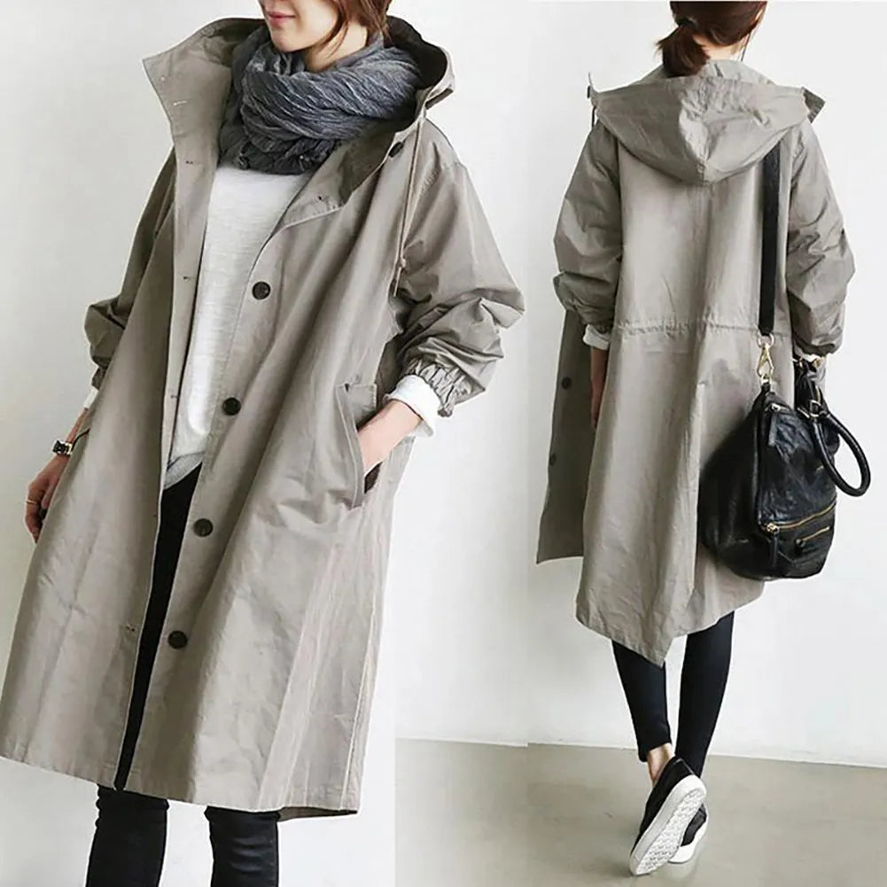 2020 Women Autumn Solid Color Pocket Hooded Windbreaker Long Trench Coat Outerwear Women's clothing женская куртка femme veste