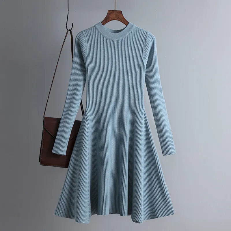 Simple Basic Autumn Winter A-Line Thick Sweater Dress Women Elegant Knit Dresses Female Slim Mini Robe Knitting Women's Clothing