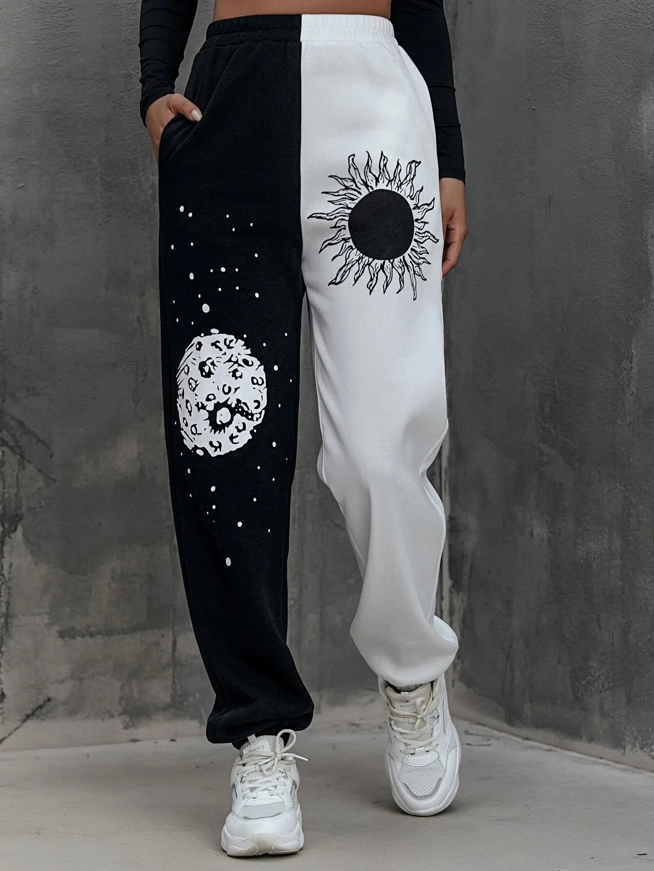 Women's Clothing 2021 Autumn And Winter Pants Harajuku Elastic Waist Pocket Side Sun Moon Graphic Print Colorblock Punk Trousers