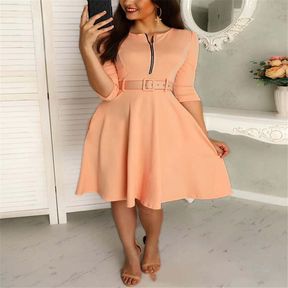 Autumn Dress Women Robe Femme Patchwork Zipper Belt Dresses O-Neck Half Sleeve Dress For Women's Clothing 2021 Vestido De Mujer