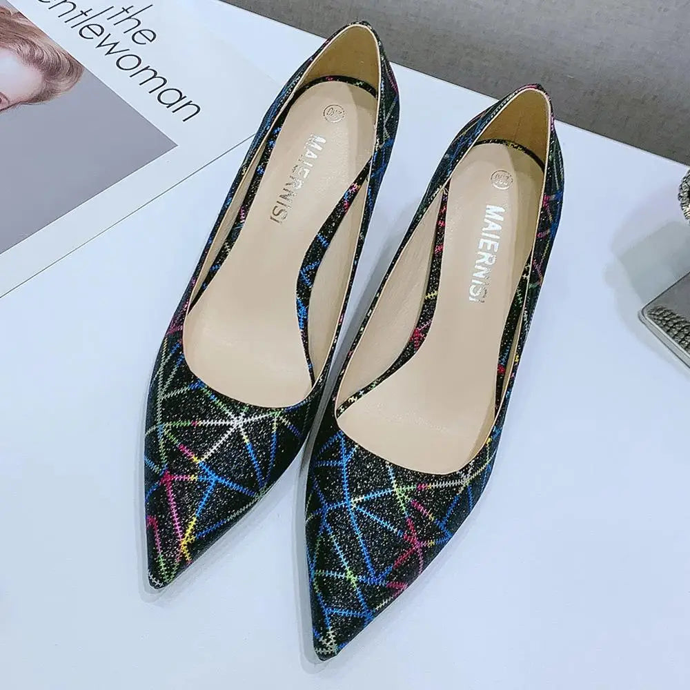 7.5cm Samll Heel Heels Ladies Shoes Colorful Lines Shiny Comfort Pumps Shoes Pointed Toe Women's Evening Dress for Wedding Daily