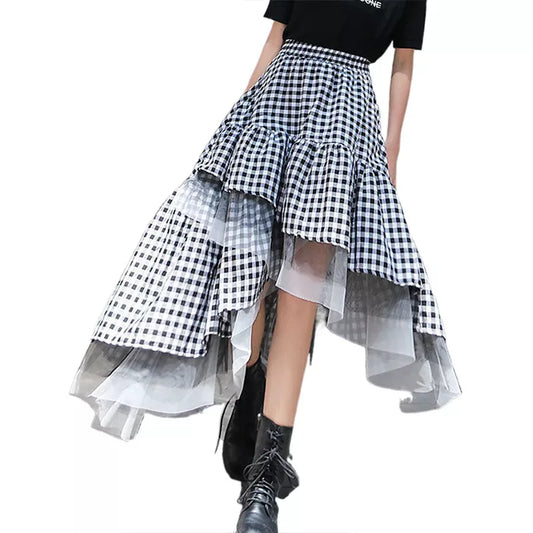 Black and white plaid tulle skirt women irregular layered skirts 2021 summer fashion Korean women's clothing