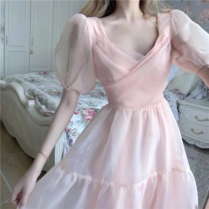 Elegant Designer Dress Women French Pink Bandage Dress Casual Puff Sleeve Slim Lace Chiffon Dress 2020 Autumn Women's Clothing