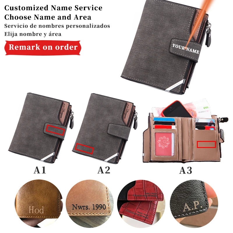 Custom Personalized Photo Wallets Men Short Wallet Design Retro High Capacity Purse Gift for Men Husband with Zipper Coin Pocket