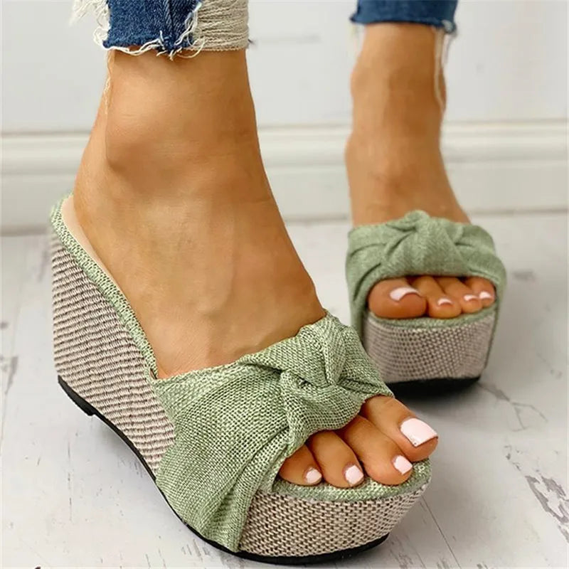 Women Sandals Summer Denim Butterfly Knot Platform Wedges High Heel Peep Toe Casual Fashion Beach Ladies Shoes Zapatos De Mujer