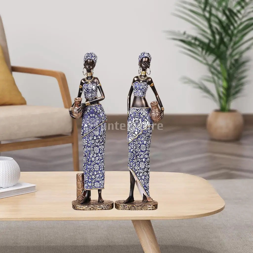 2pcs/Set Resin African Lady Figurines Sculptures Tribal Female Tabletop Statue African Women Handpaint Figurine Home Decoration