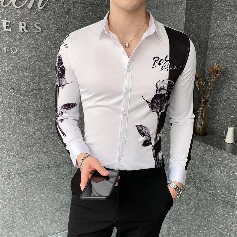 Camisa Masculina Fashion Patchwork Color Digital Print Long Sleeve Shirt Men Clothing 2023 Simple Slim Fit Casual Chemise Homme