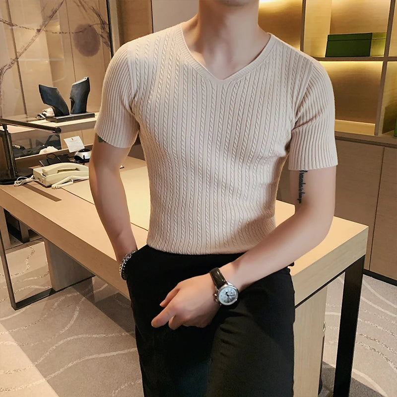 Quality British Style Summer V Neck Knitted T-Shirts Men Clothing 2023 Slim Fit Casual Short Sleeve Tee Shirt Homme Streetwear