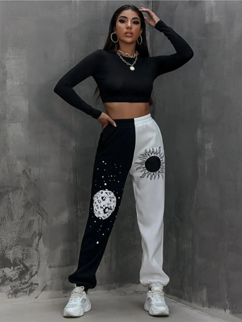 Women's Clothing 2021 Autumn And Winter Pants Harajuku Elastic Waist Pocket Side Sun Moon Graphic Print Colorblock Punk Trousers