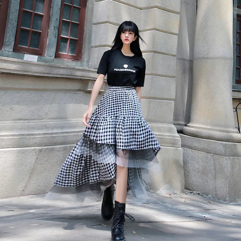 Black and white plaid tulle skirt women irregular layered skirts 2021 summer fashion Korean women's clothing