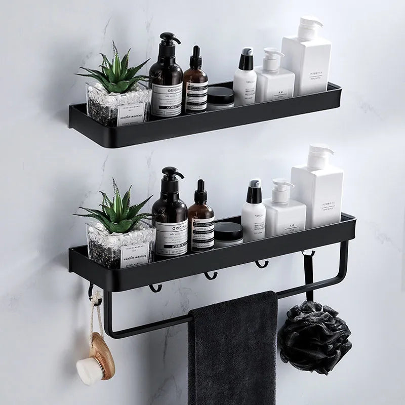 No Drill Black Bathroom Shelf with Towel Bar Wall Shelf Shower Holder Storage Rack  Robe Hooks Bathroom Accessories