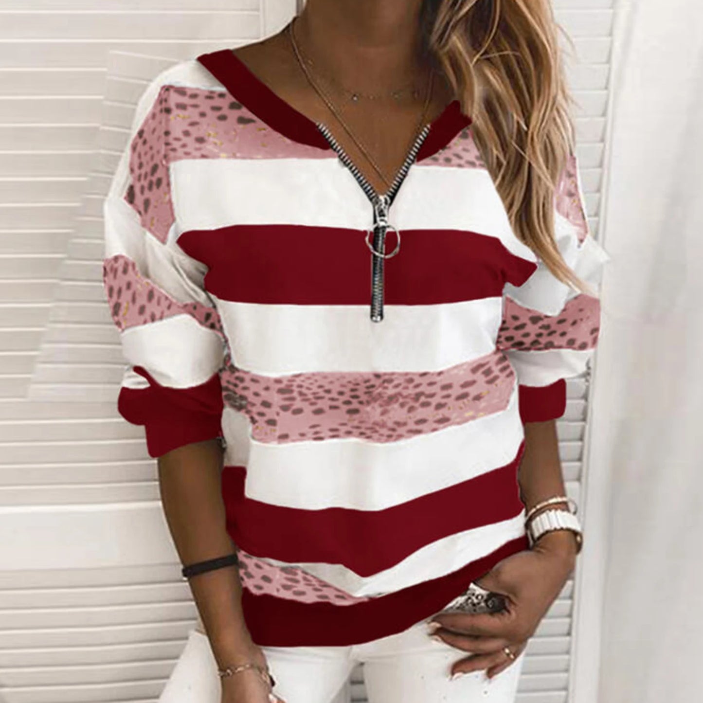 Women Sweatshirt Stripe Leopard Patchwork Zipper Long Sleeve Blouse Pullover Women's Clothing Street wear толстовка 2021