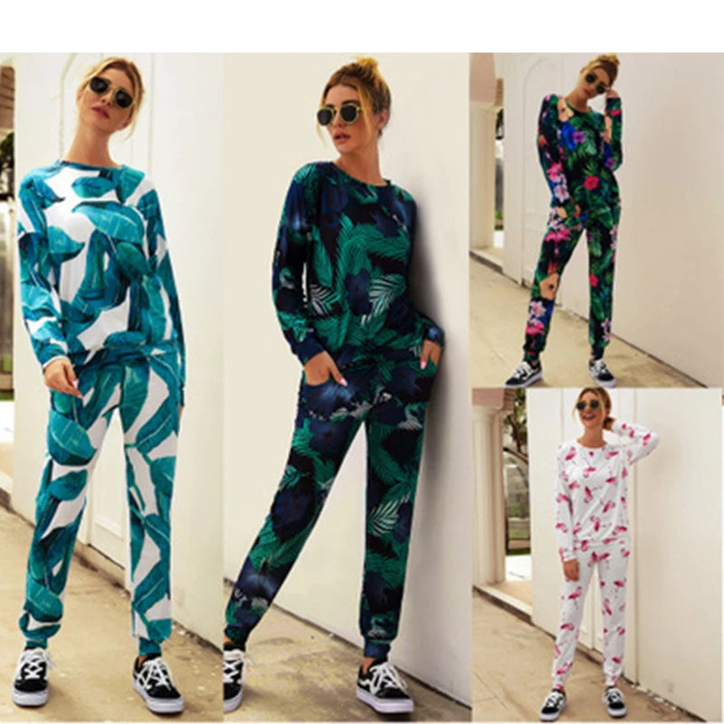 New Arrival Autumn Sexy Women Set Printed Round Neck Fashion Casual Suit Sexy Top Pants Two Piece Suit Women's Clothing