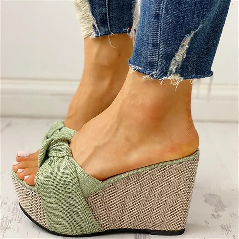 Women Sandals Summer Denim Butterfly Knot Platform Wedges High Heel Peep Toe Casual Fashion Beach Ladies Shoes Zapatos De Mujer