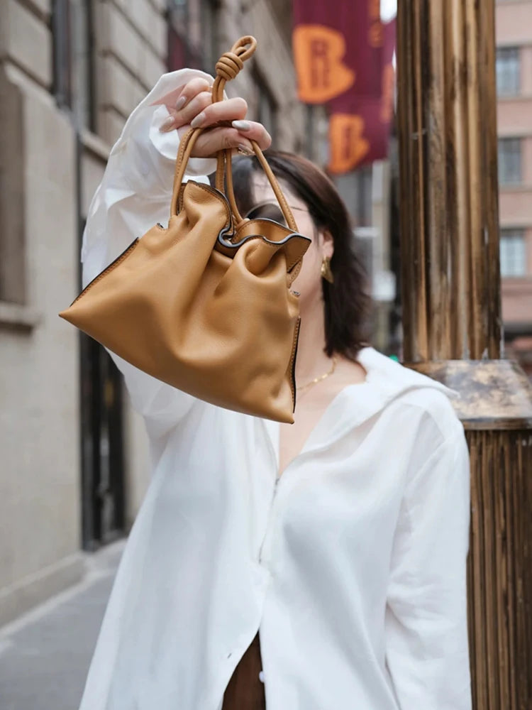 2021 Women Genuine Leather Bag Calfskin Bucket Bag Pure Color Luxury Designer Real Leather Shoulder Bag For Lady Simple Fashion