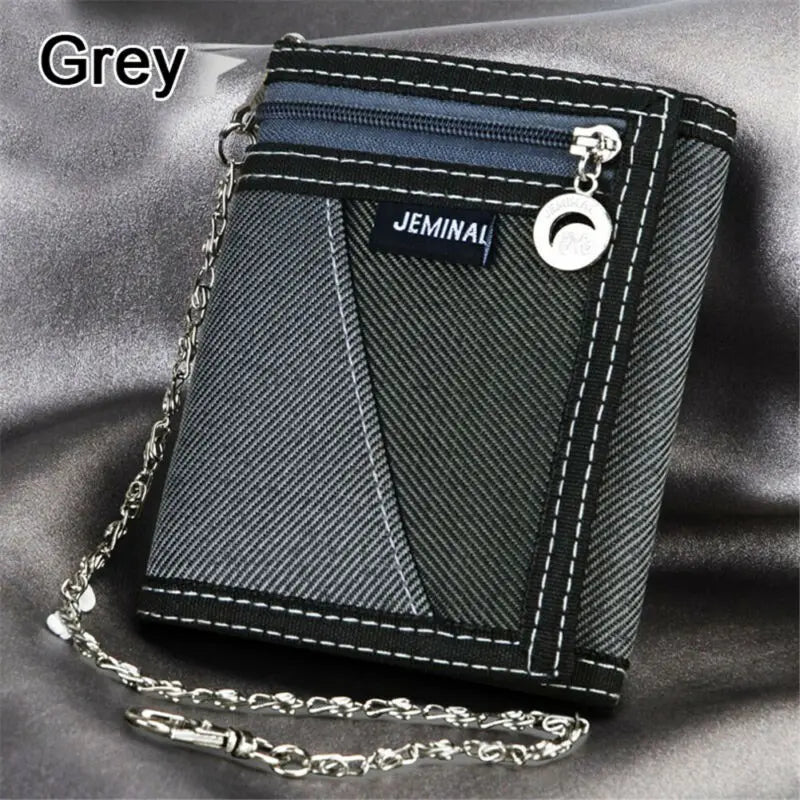 2020 New Fashion Men Boys Girls Plain Canvas Tri-Fold Wallet Card Cash Wallet with Chain