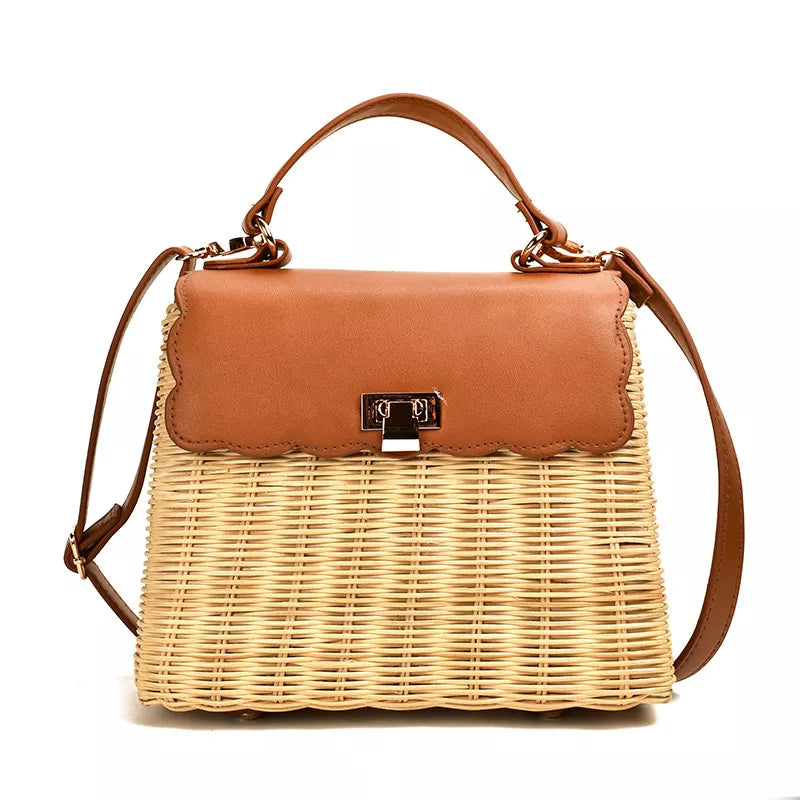 New Leather Straw Woven Patchwork Tote Bags Handmade woven rattan handbag Women Shoulder Bags Vintage Crossbody Bag