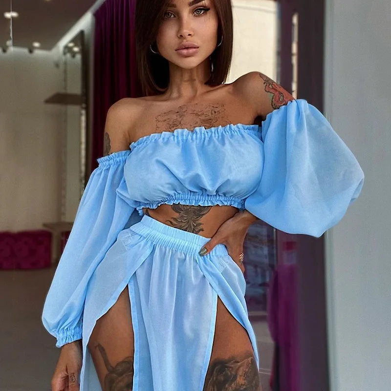 Women's Clothing Set Off Shoulder Long Sleeve Crop Tops and Cover Up Skirt Two-piece Suit for Travelling Beach Vacation