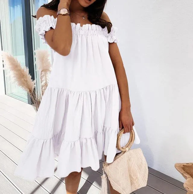 Summer Dress Women's Clothing 2021 A-Line Dresses Ruffles Slash Neck Short Sleeve Loose Mini Dress For Women Vestidos Femme Robe