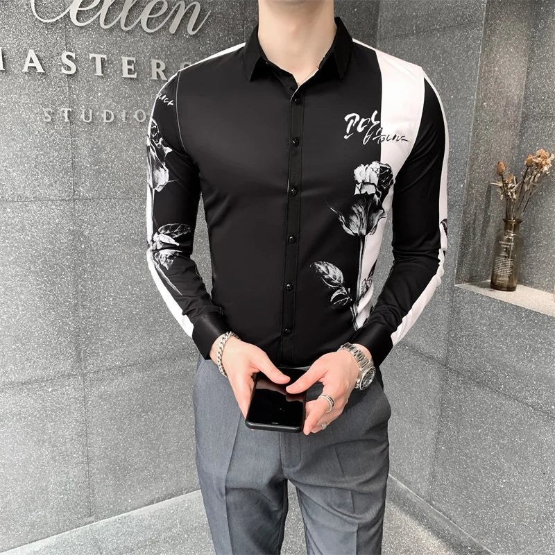 Camisa Masculina Fashion Patchwork Color Digital Print Long Sleeve Shirt Men Clothing 2023 Simple Slim Fit Casual Chemise Homme