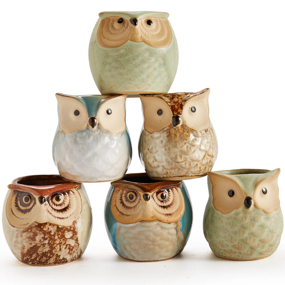 6 In Set 2.5Inch Owl Pot Ceramic Flowing Glaze Base Set Succulent Cactus Plant Pot Flower Pots Container Planter Vases Gift Idea