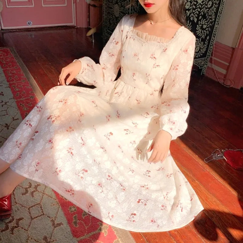 White Floral Dress Women Elegant Print Sweet Party Dress Female Kawaii Korean One-piece Dress Women's Clothing Autumn 2020