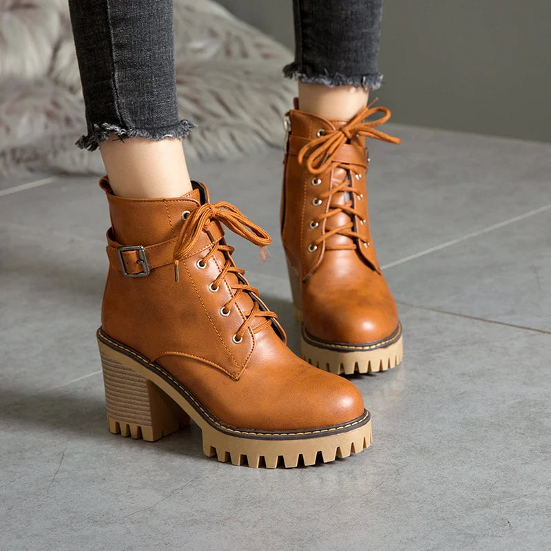 Boats Women 2023 New Winter Female High Heel Lace Up Ankle Boots Buckle Platform Artificial Leather Ladies Shoes Zapatos Mujer