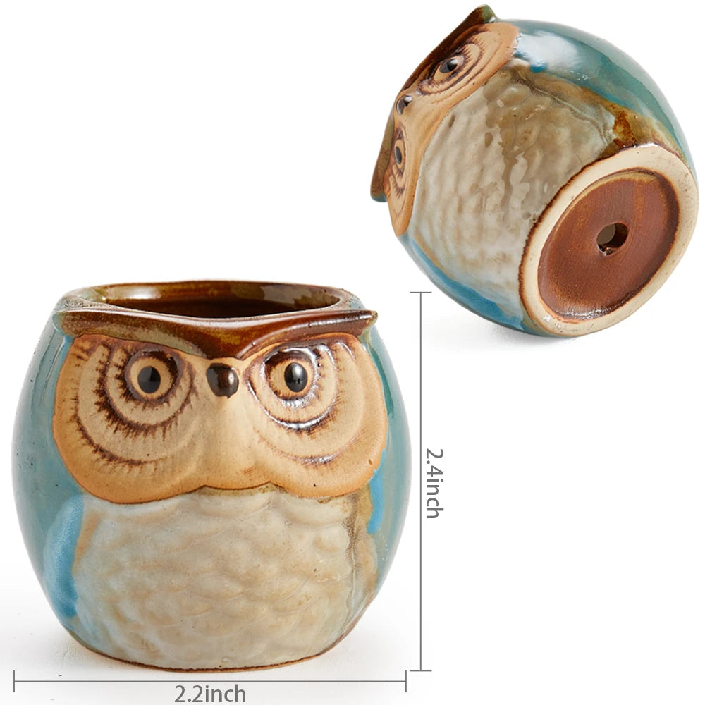 6 In Set 2.5Inch Owl Pot Ceramic Flowing Glaze Base Set Succulent Cactus Plant Pot Flower Pots Container Planter Vases Gift Idea