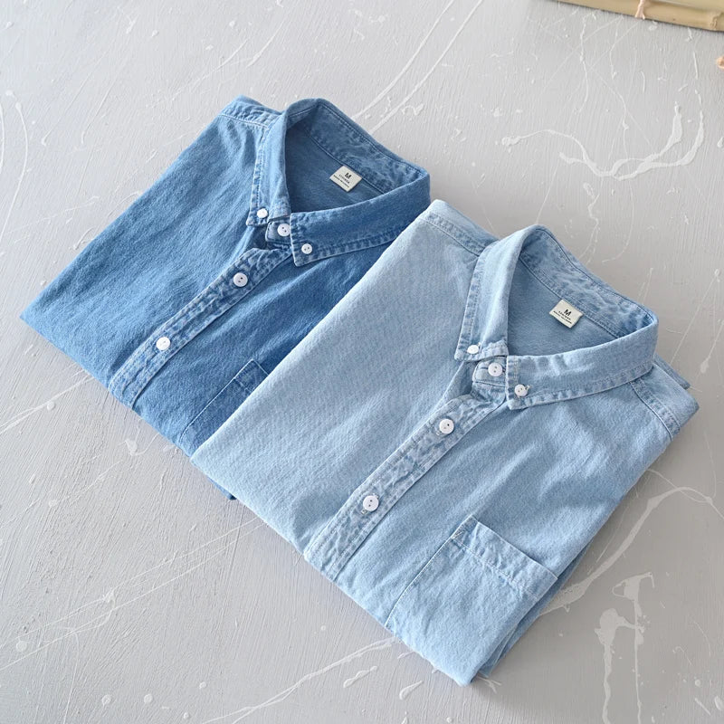 New Classic casual blue Denim shirt spring autumn Comfortable thin solid tops for men clothing long sleeve soft jeans shirts