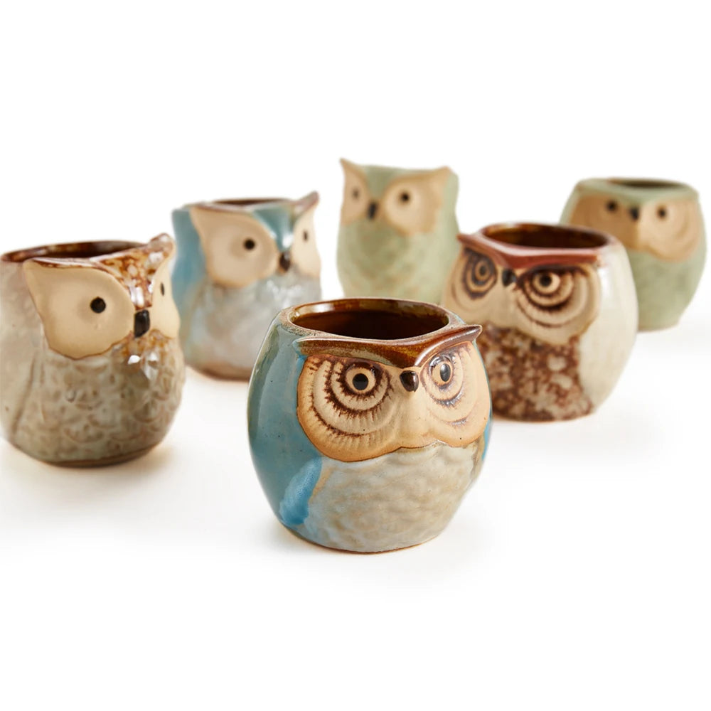 6 In Set 2.5Inch Owl Pot Ceramic Flowing Glaze Base Set Succulent Cactus Plant Pot Flower Pots Container Planter Vases Gift Idea