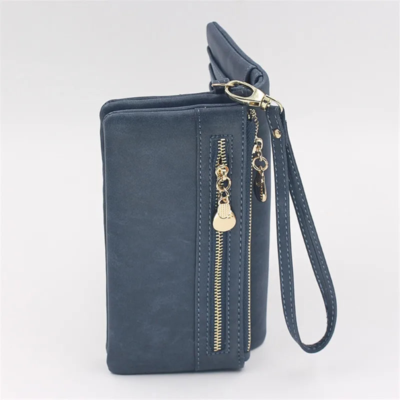 2023 New Vintage Frosted Double Zipper Long Wallet Large Capacity Women Folding Mobile Bag Women Wallet