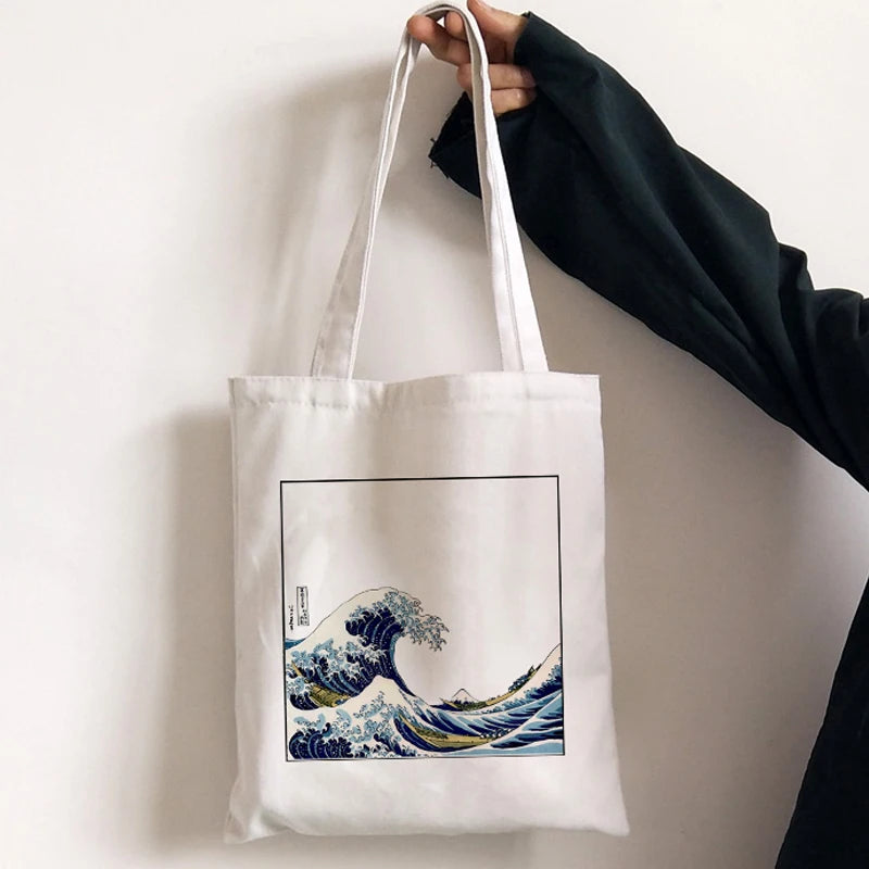 Japan wave print shopper bag casual large capacity canvas bag fashion Harajuku Cartoon letter Ulzzang zipper women shoulder bags