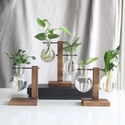 Terrarium Hydroponic Plant Vases Glass Vase Planter Vintage Flower Pot Tabletop Decoration Vase with Wooden Tray Home Decor