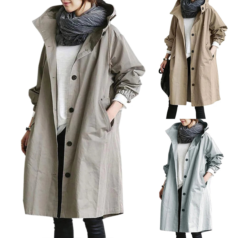 2020 Women Autumn Solid Color Pocket Hooded Windbreaker Long Trench Coat Outerwear Women's clothing женская куртка femme veste