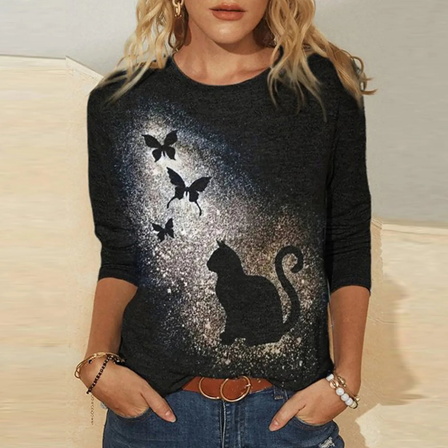 Summer Autumn Oversized Casual Women's Clothing Funny Cat 3D Print Long Sleeve T-Shirts Ladies Fashion Tops Vintage Tee Shirt