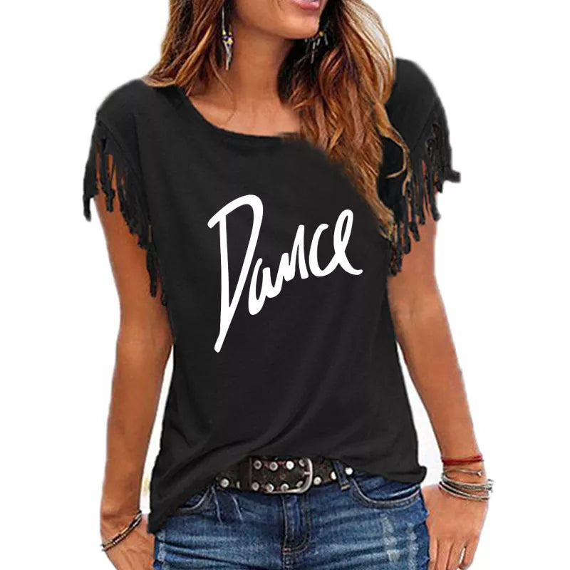 New Summer Casual Letter Dance Women Cotton Tassel Casual T-shirt Loose Tees Short Sleeve O-neck Women's Clothing t shirt