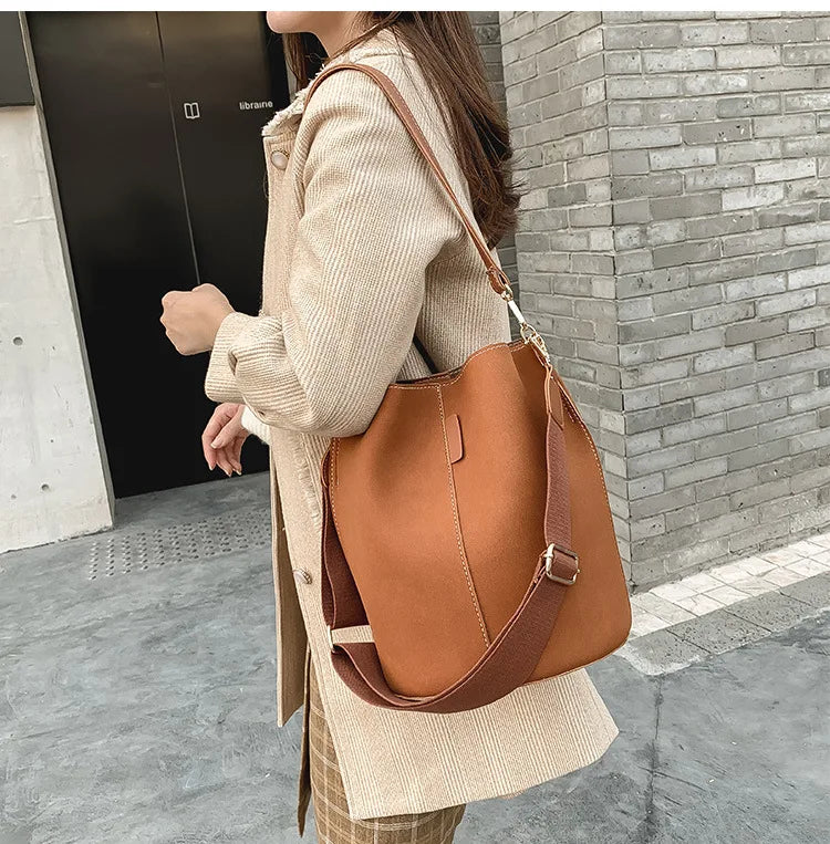 NIGEDU large capacity Women Bucket bags wide strap designer women shoulder bags luxury Matte Leather crossbody bag for Female