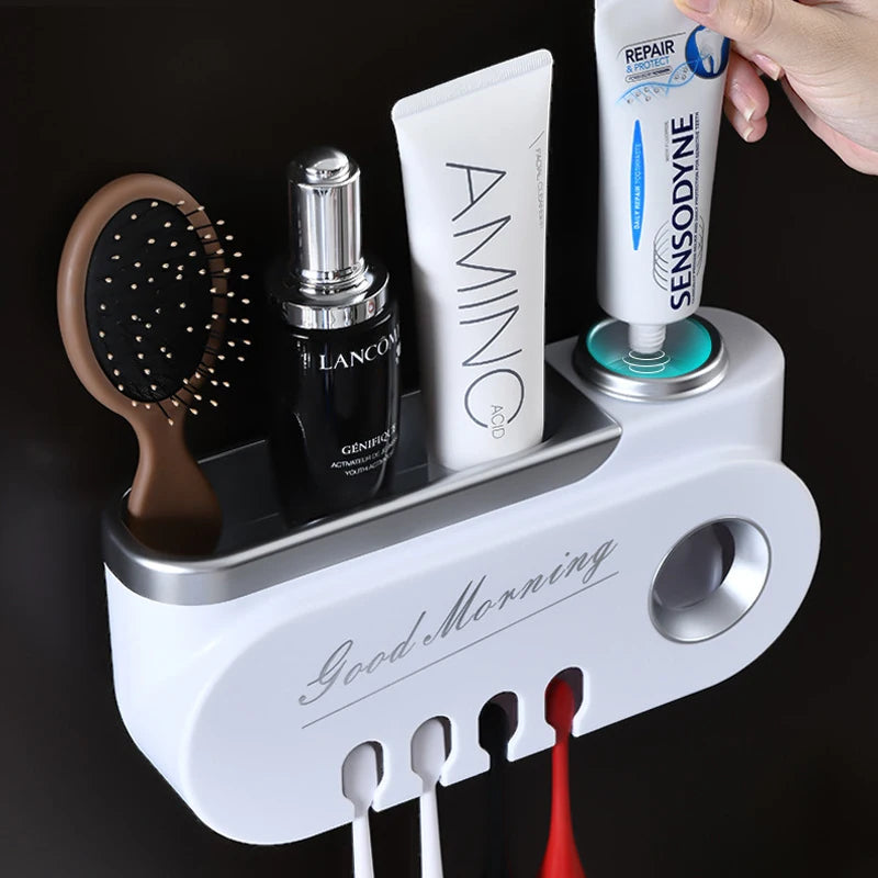 Creative Toothbrush Holder Automatic Toothpaste Dispenser Wall Mounted Punch-free Toilet Bathroom Storage Bathroom Accessories