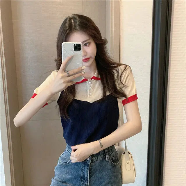 Woman TShirts 2020 Summer Knitted Short Top Lapel Short Sleeve T-shirt Women's Clothing Crop Top Mujer Camisetas