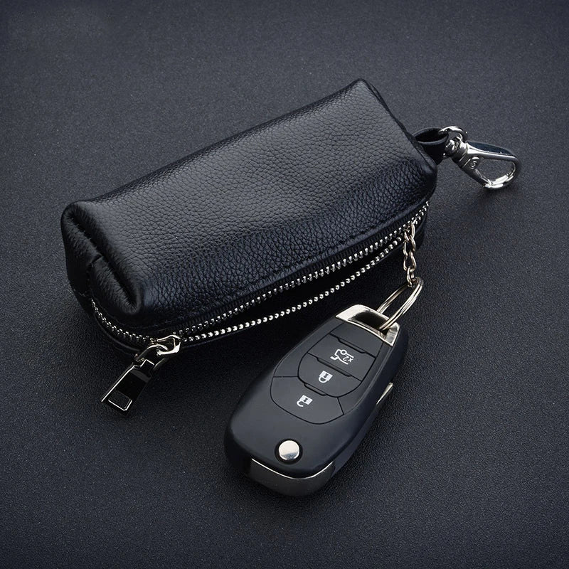 Genuine Leather Car Key Cover Keychain Housekeeper Bag Zipper Organizer Case EDC Pouch Key Holder Wallet Men Women