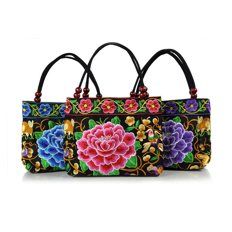 Women Shoulder Bags Embroidery Ethnic Style Pretty Flower Bohemia Retro Canvas Large Capacity Shopper Handbag for Teenage Girl