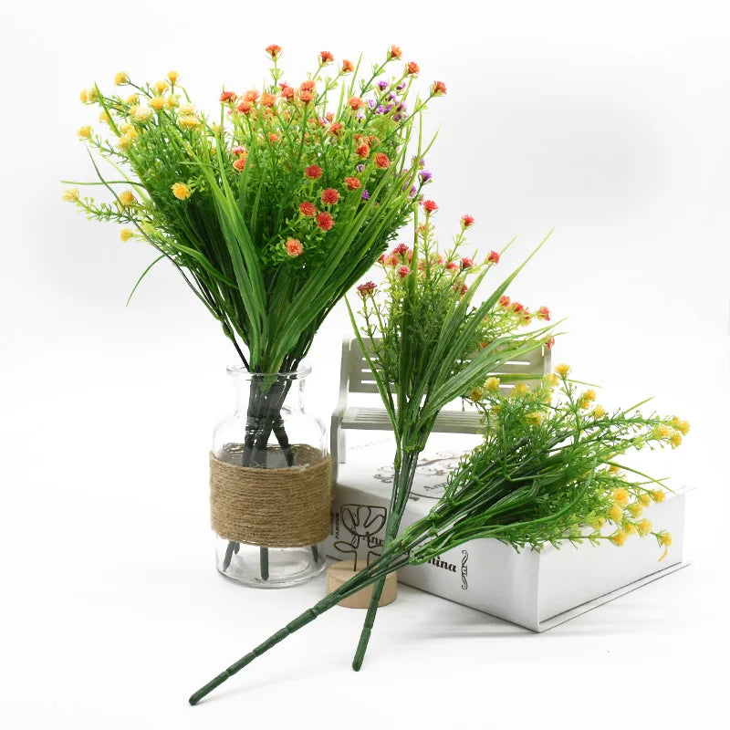 5 Forks 1 Bundle Artificial Plants Plastic Spring Grass Starry Wedding Outdoor Flower Pot Vases for Home Decoration Fake Flower