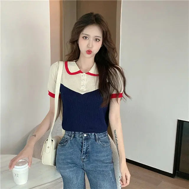 Woman TShirts 2020 Summer Knitted Short Top Lapel Short Sleeve T-shirt Women's Clothing Crop Top Mujer Camisetas