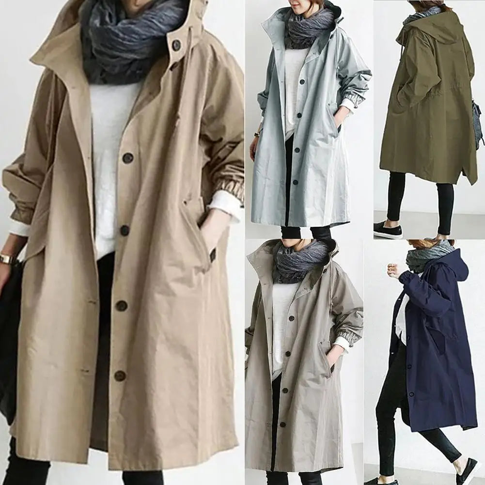 Women Autumn Solid Color Pocket Hooded Windbreaker Long Trench Coat Outerwear женская куртка Women's Clothing  Femme Veste